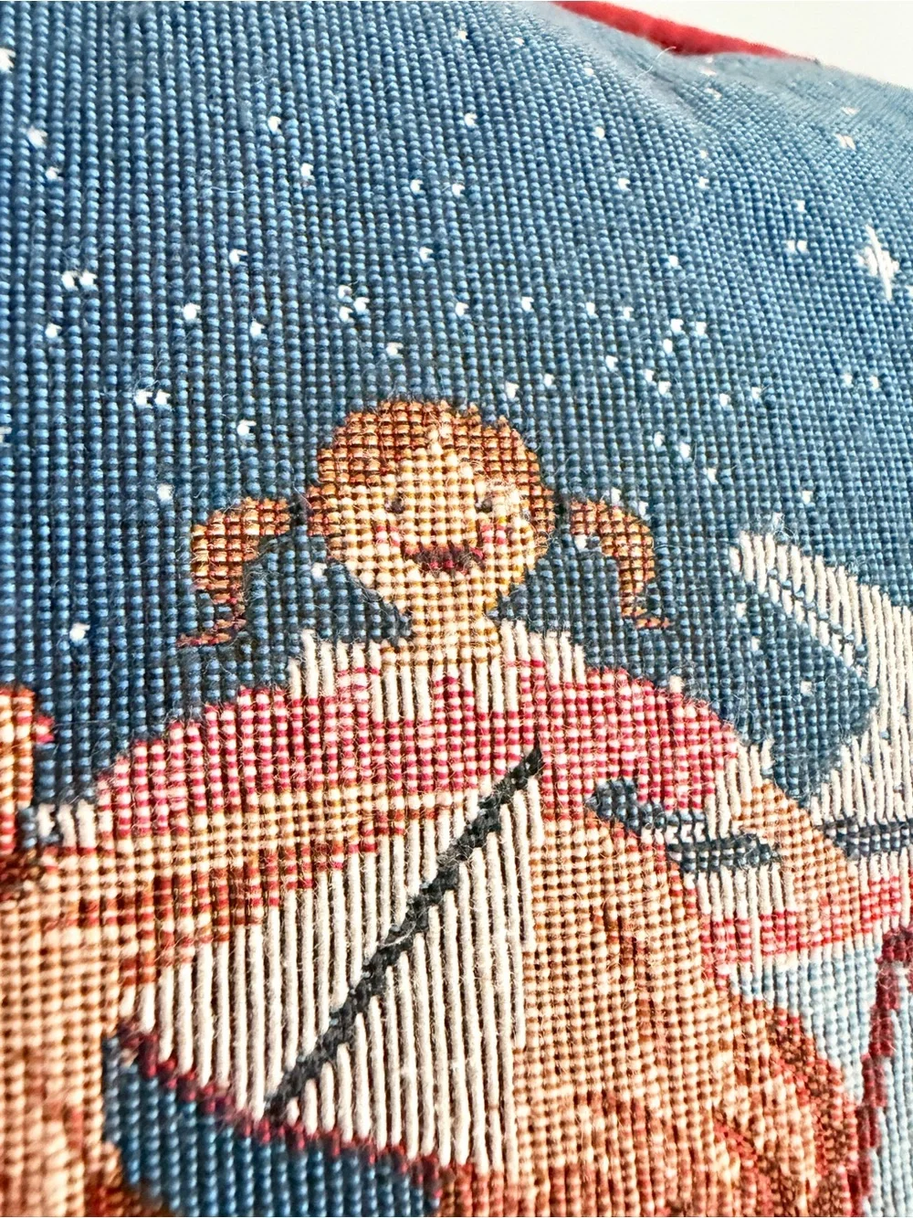 Vintage 90s Woven gobelin Tapestry Christmas throw Pillow Sleigh Girl 12